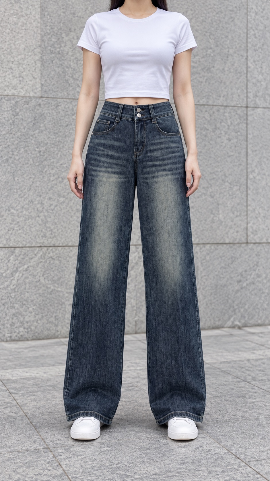 New double-button wide-leg jeans, front view